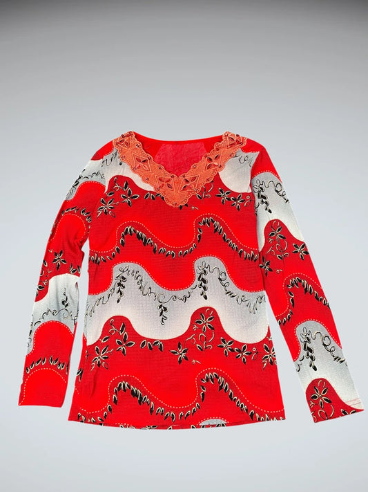 Vintage red wave floral print longsleeve (M)