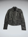 Vintage Black Genuine Leather Diagonal Zip Jacket Women (S)