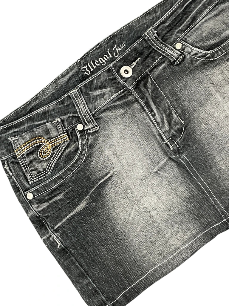 Grey Washed Vintage Denim Skirt with Rhinestone Detail (M)