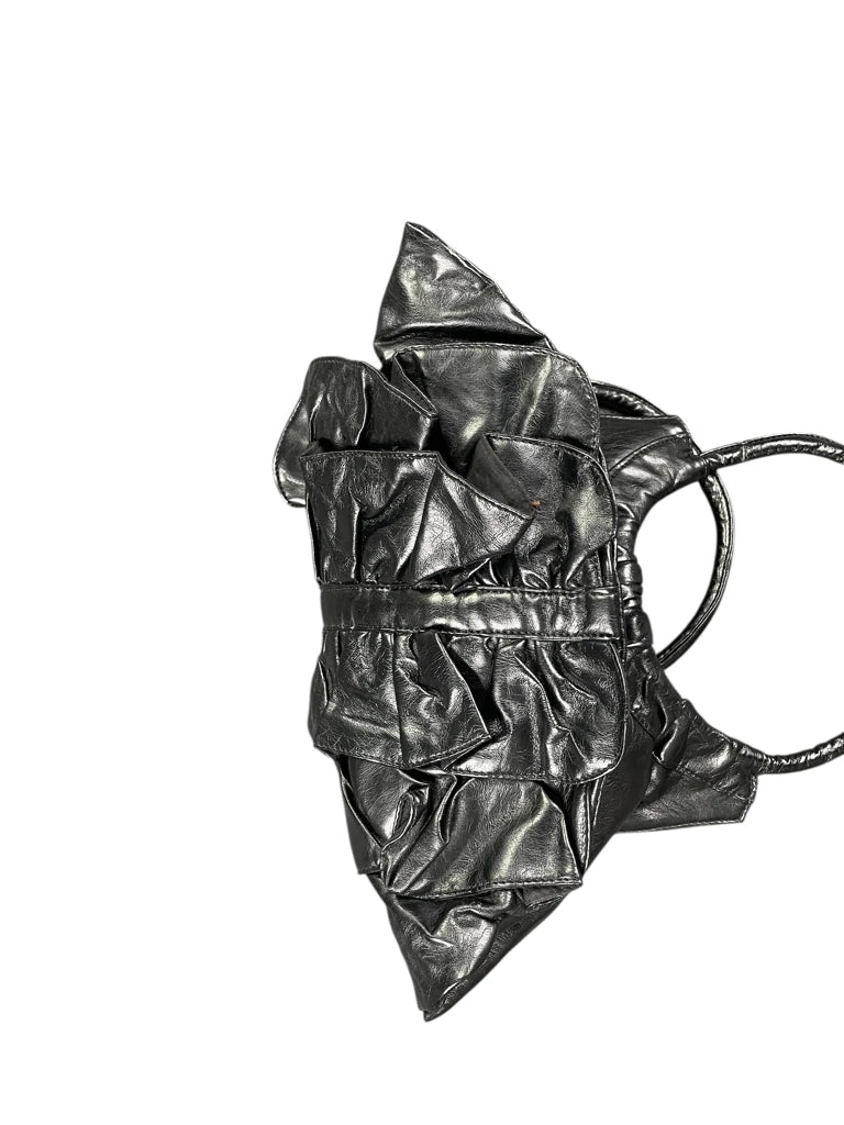 Black Shiny Ruched Round Tote (ONESIZE)