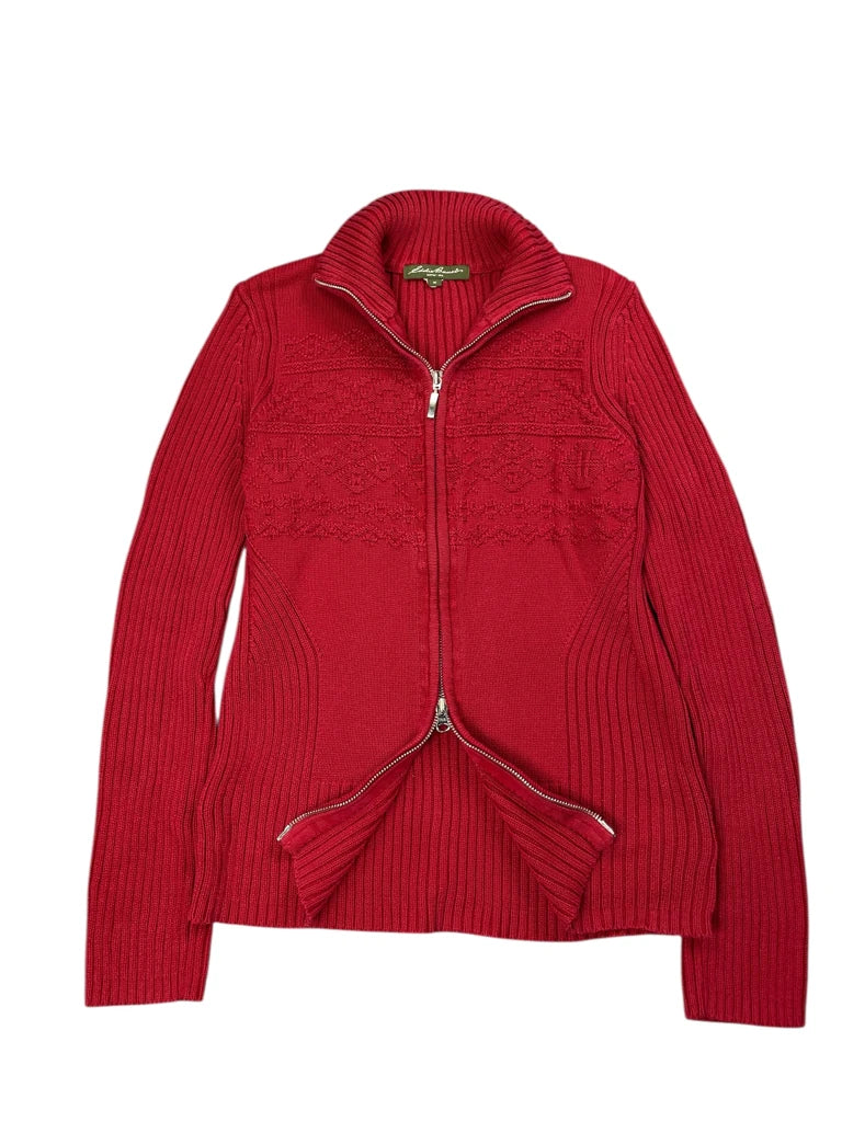 Red Ribbed Knit Sweater with Subtle Pattern (M)