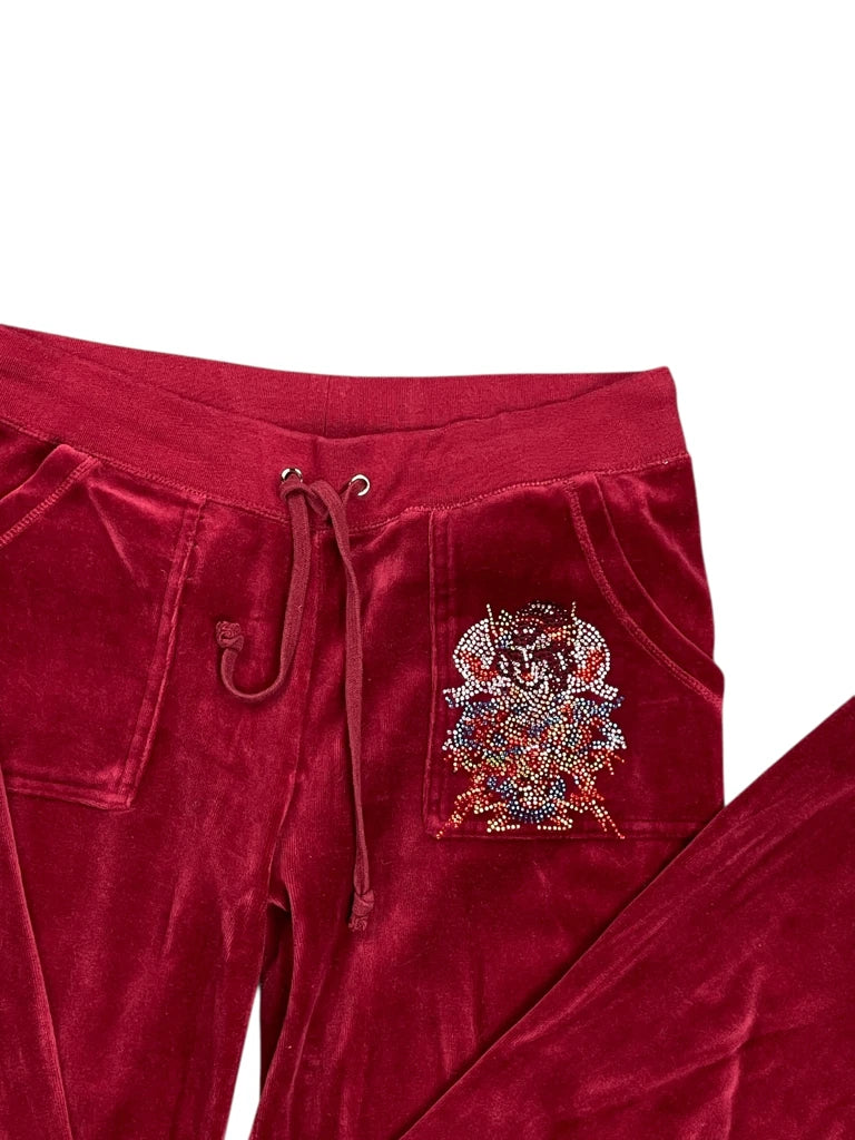 Burgundy Velour Flare Pants with Rhinestone Crest (L)
