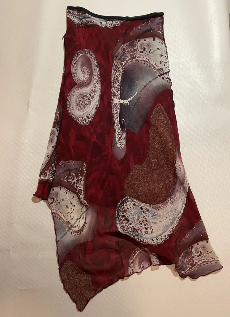 Romantic Burgundy Mesh Midi Skirt Low Rise Asymmetric Hem (XS)