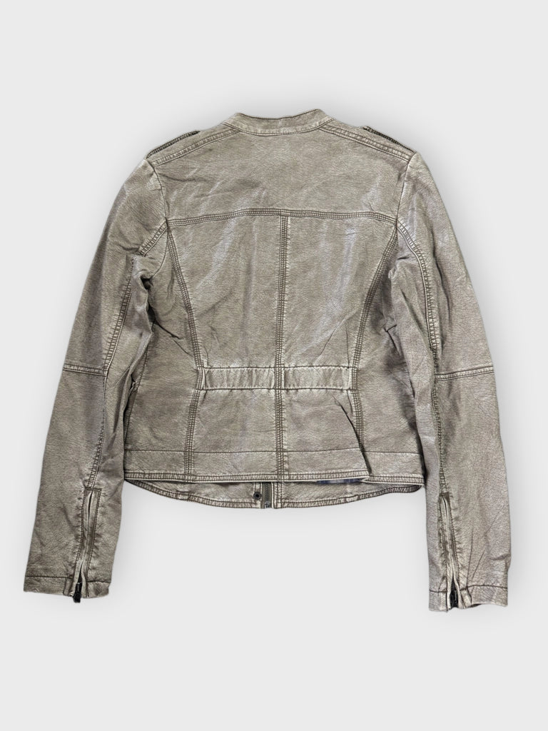 detail view, Earthtone Grey Faux Leather Racing Jacket Women, vintage Y2K second hand piece, image 4