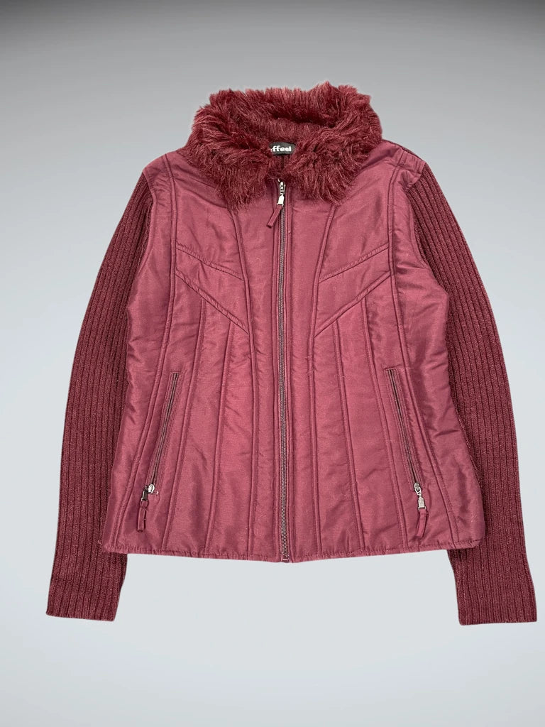 Effeel Burgundy Faux Fur Collar Sweater Jacket (L)