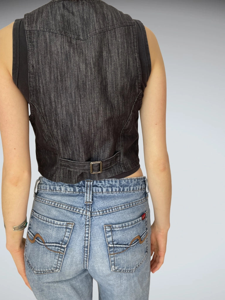 Dark Wash Denim Vest Star Button Accents Grunge Western (S)