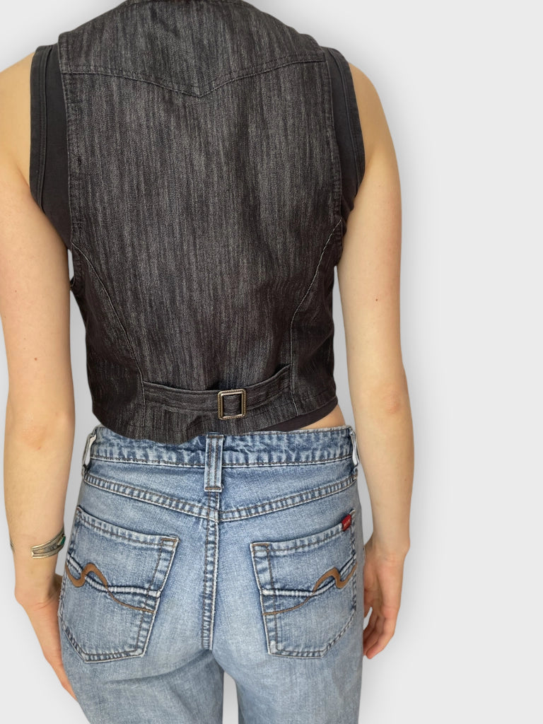 Dark Wash Denim Vest Star Button Accents Grunge Western (S)