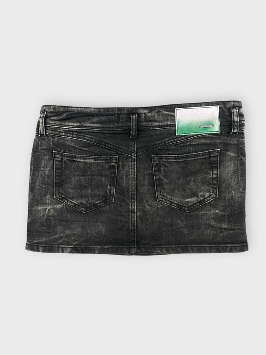 Back view of an edgy black denim mini skirt featuring patch pockets.