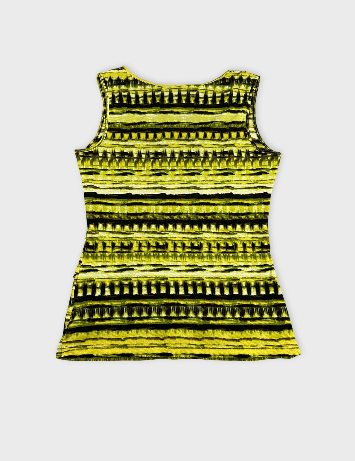 Back view of a green top featuring a bold striped pattern.