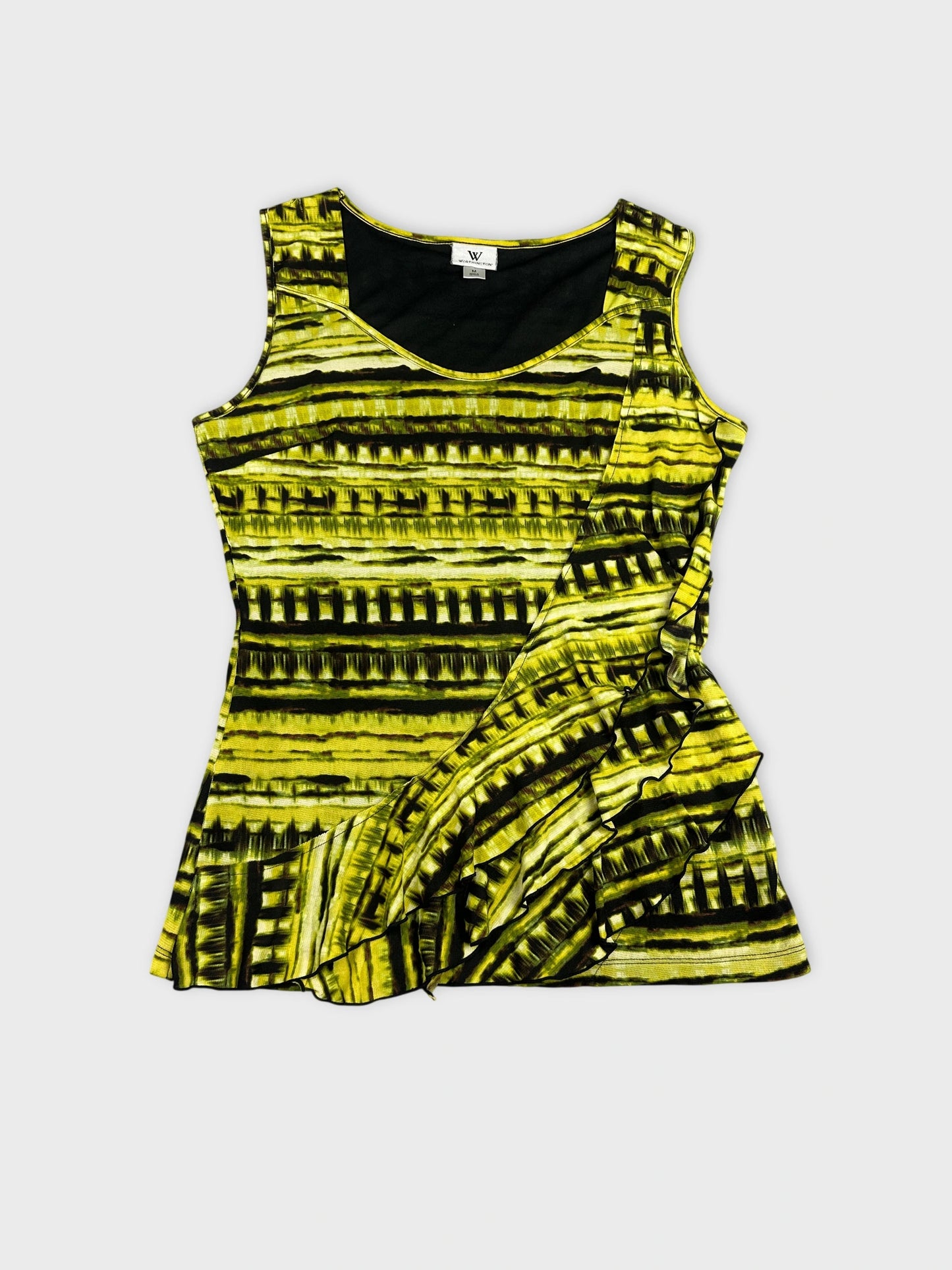 Front view of a green top with a striped pattern and ruffled detail.