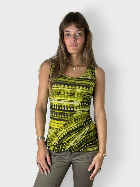 Edgy green top with striped pattern, front view.