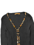 Black Ribbed Top with Jewel Embellished Deep V-Neck (XL)