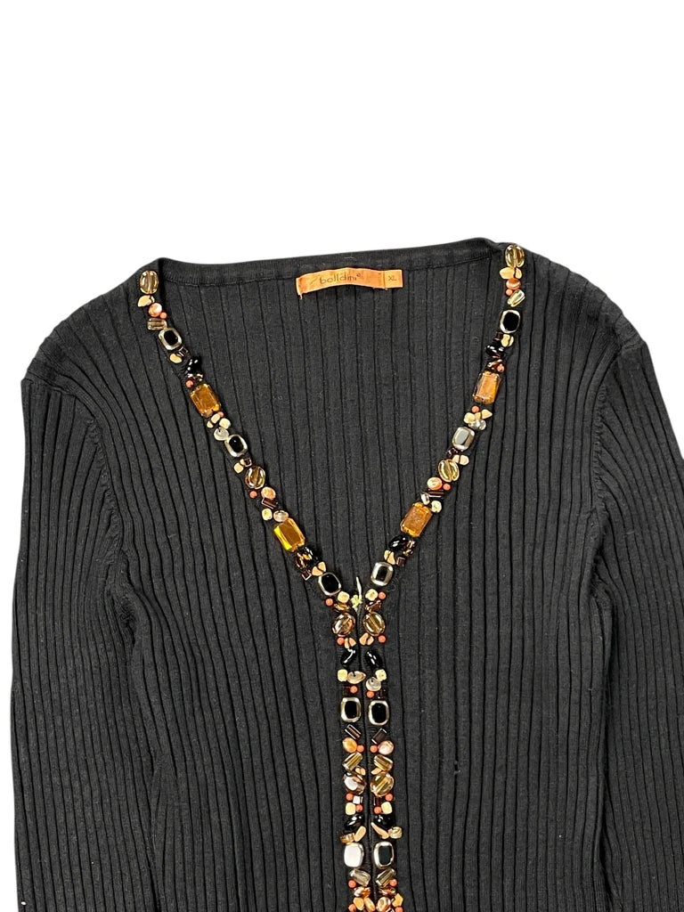 Black Ribbed Top with Jewel Embellished Deep V-Neck (XL)