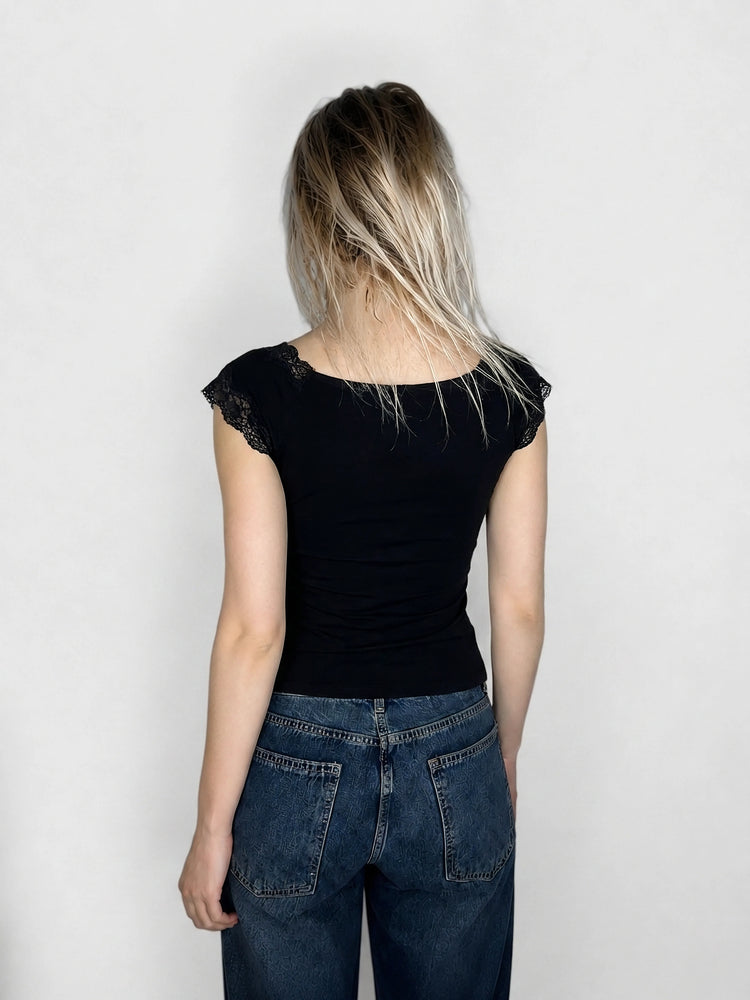 Elegant Black Lace-Trimmed Top (M)