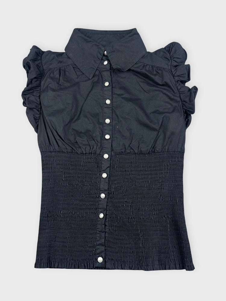Stylish Black Ruffled Blouse with Buttons (S)