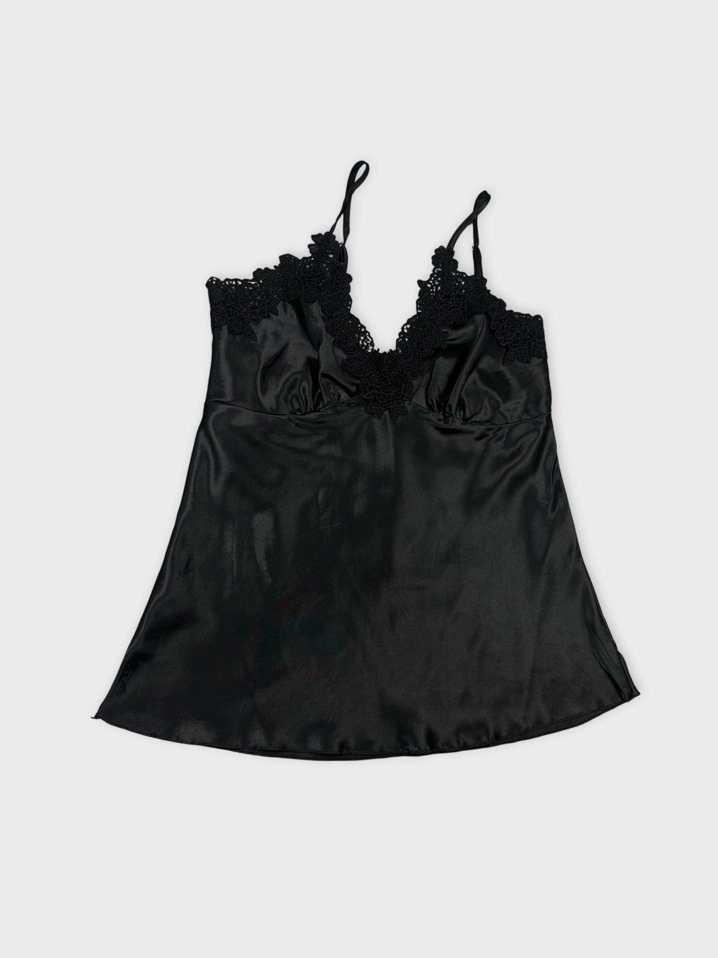 Elegant black silk camisole with lace detail view