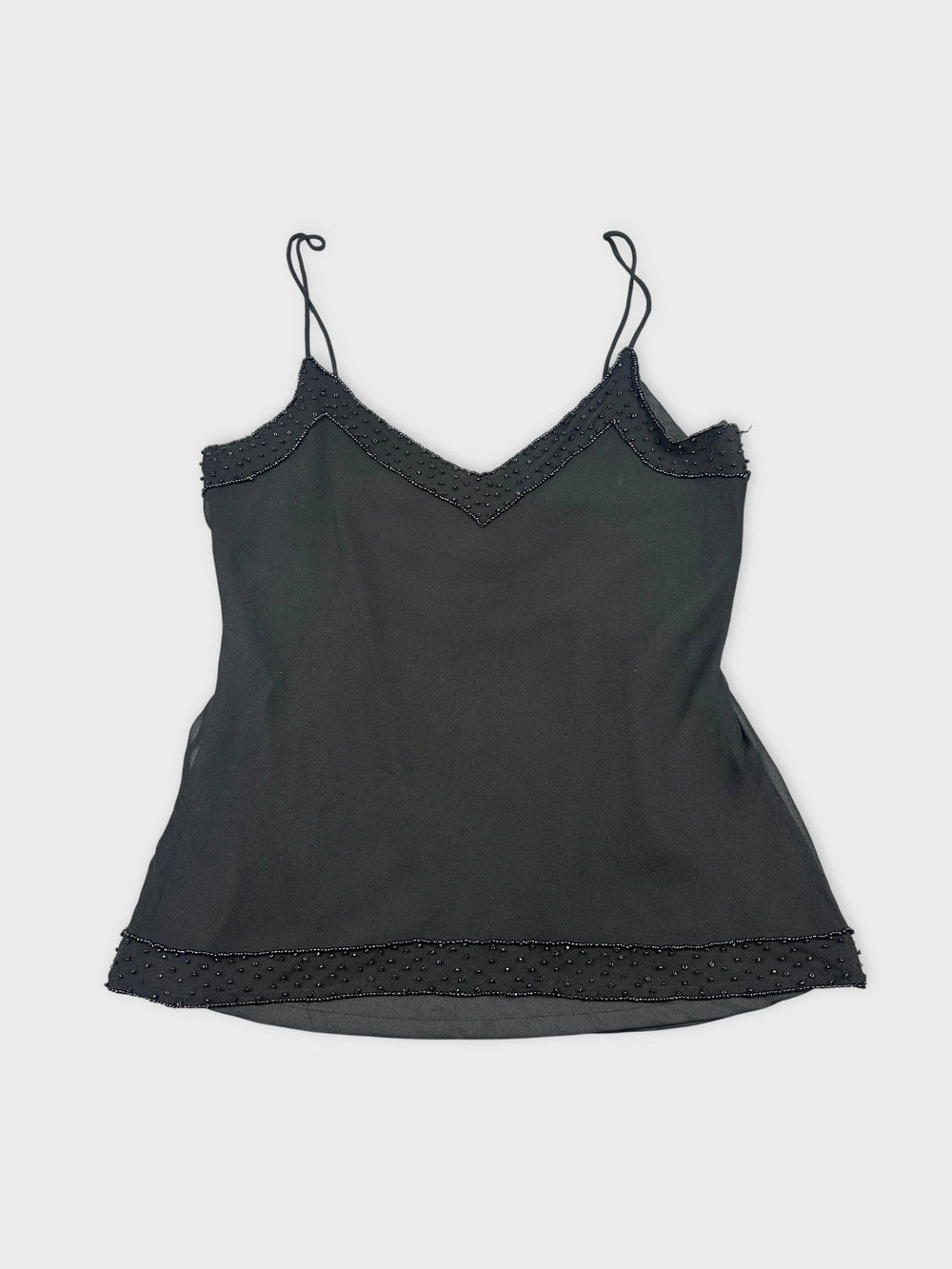 Elegant black silk camisole with lace trim, front view.