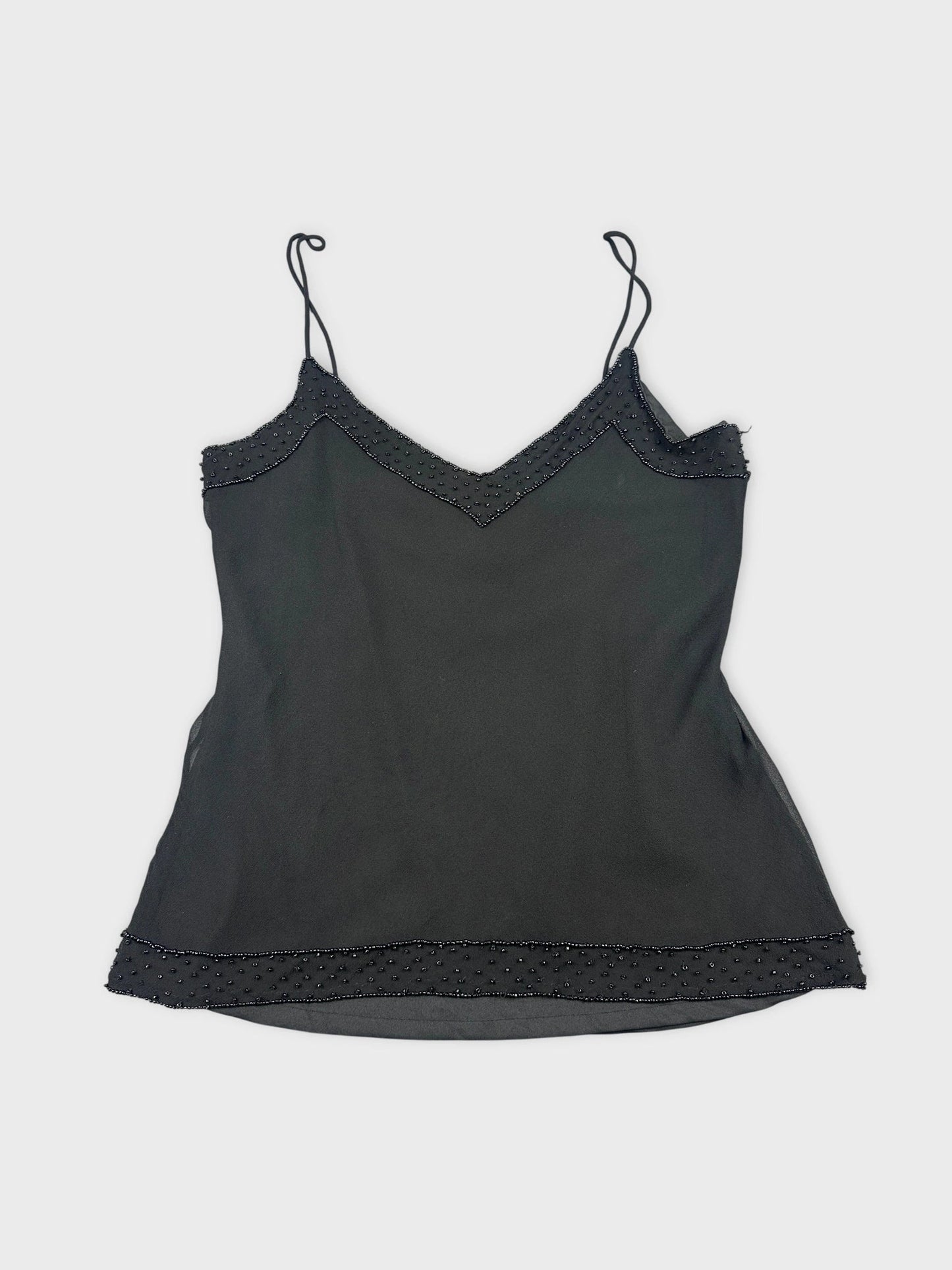 Elegant black silk camisole with lace trim, front view.