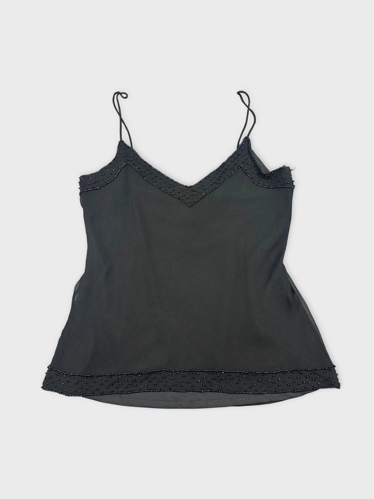 Sleek Black Silk Camisole with Lace Detail (S)