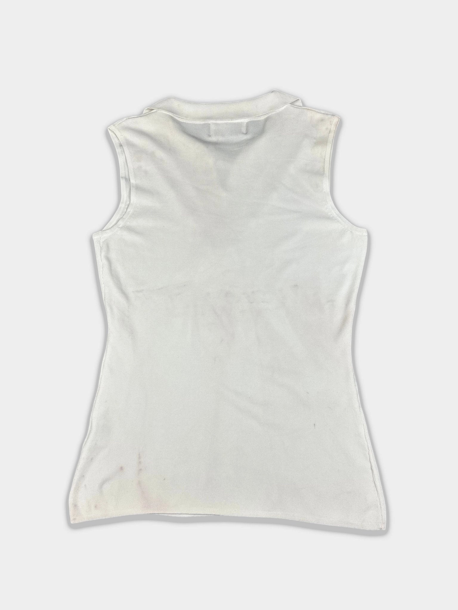 Back view of a sleeveless top in white with ribbed texture.