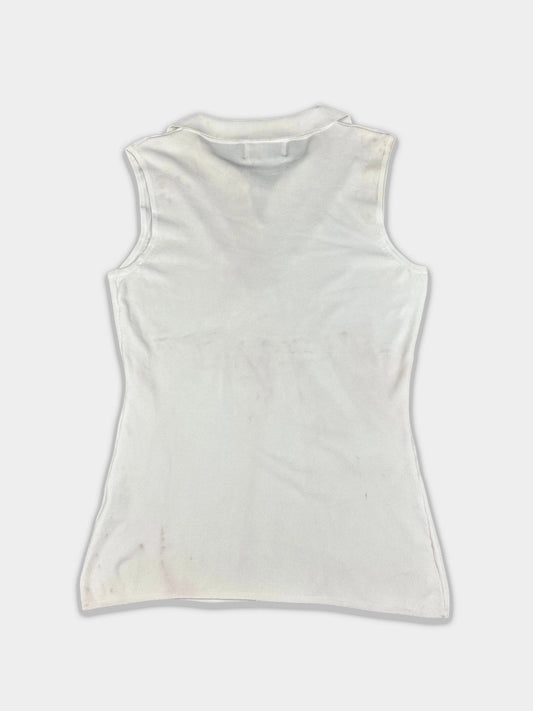 Back view of a sleeveless top in white with ribbed texture.