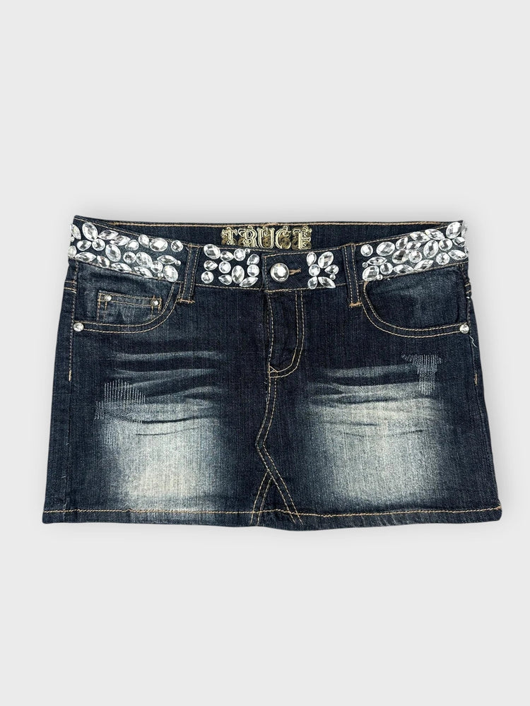 Embellished Denim Mini Skirt with Chic Details (W30 / L)