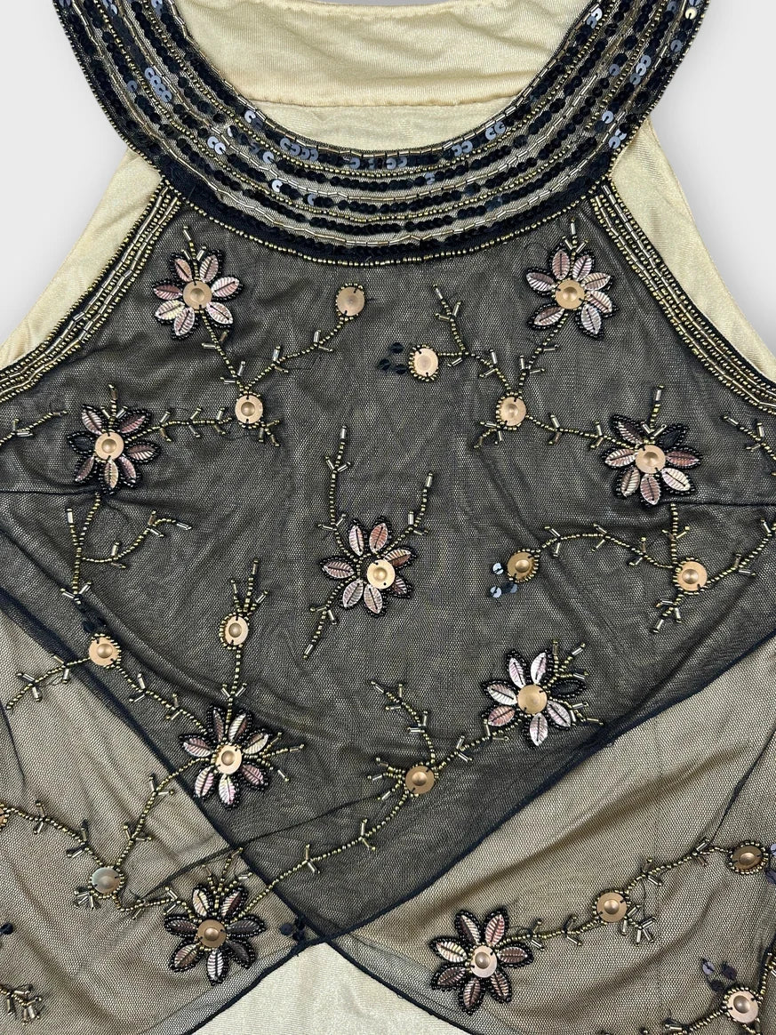 Embroidered sheer top in black with floral details detail view