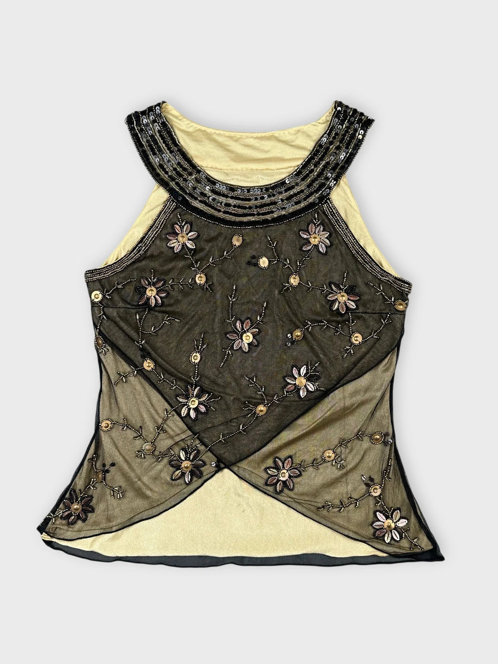 Black embroidered sheer top with beaded details front view