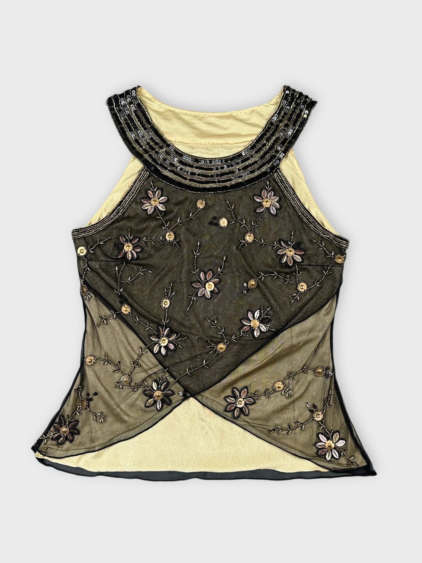 Black embroidered sheer top with beaded details front view