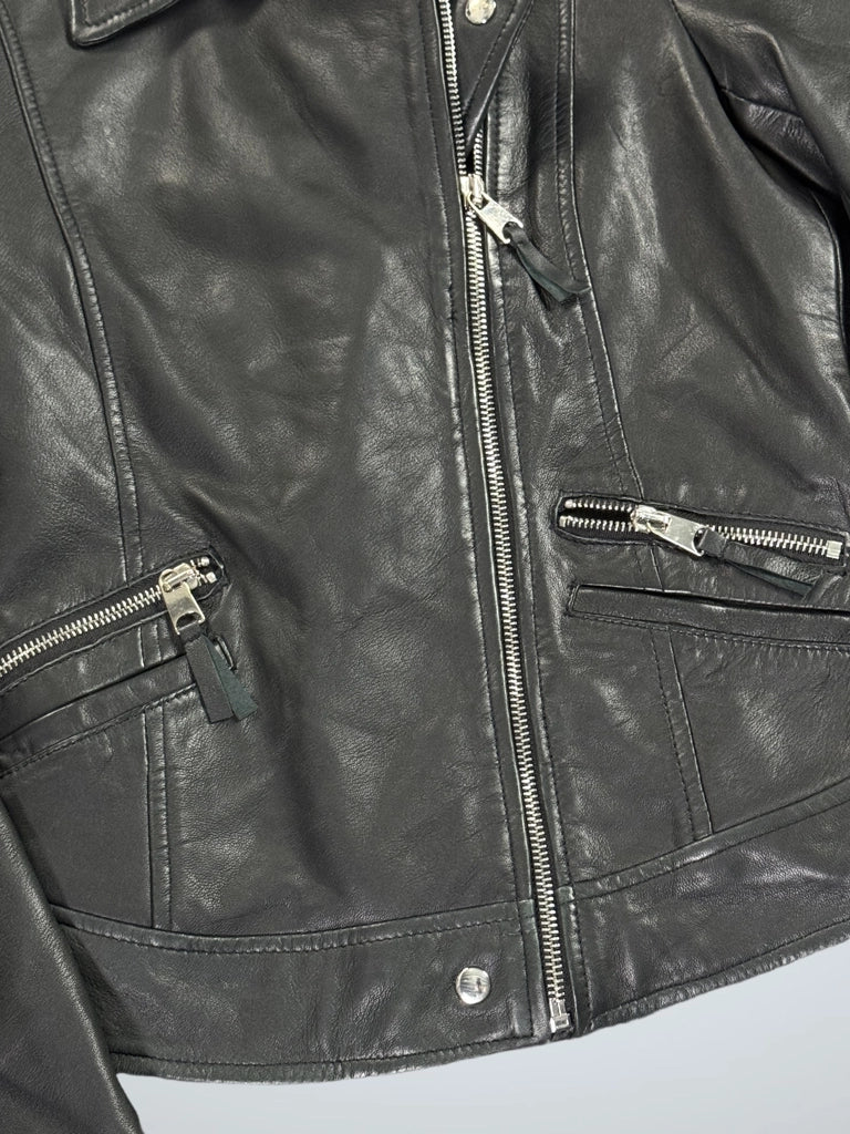 Vintage Black Genuine Leather Diagonal Zip Jacket Women (S)