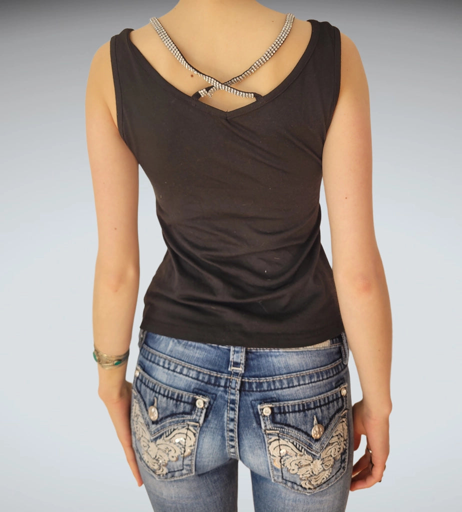 Black Rhinestone Trim Tank Top (M)