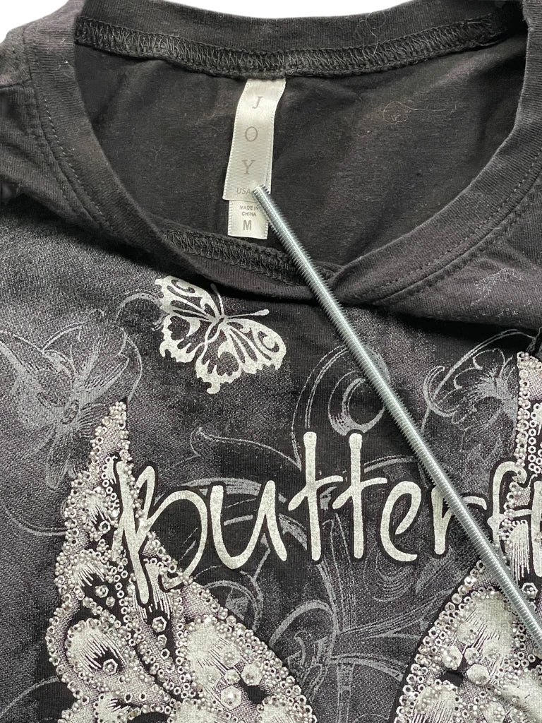 Black Y2K Butterfly Graphic Tee with Rhinestone Detail (M)