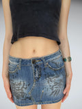 Low Rise Printed Denim Mini Skirt Dark Floral Monicas Fashion (S)