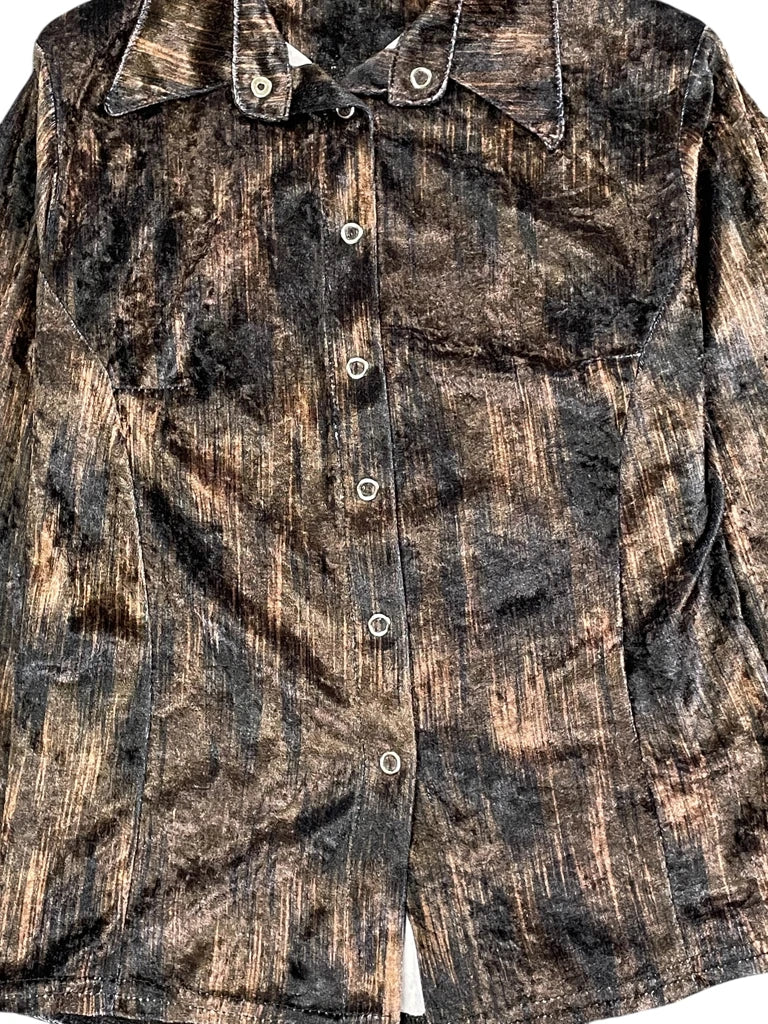 Brown and Black Abstract Velvet Button-Up Shirt (L)