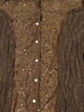Retro Brown Satin Collar Embellished Button-Up (S)