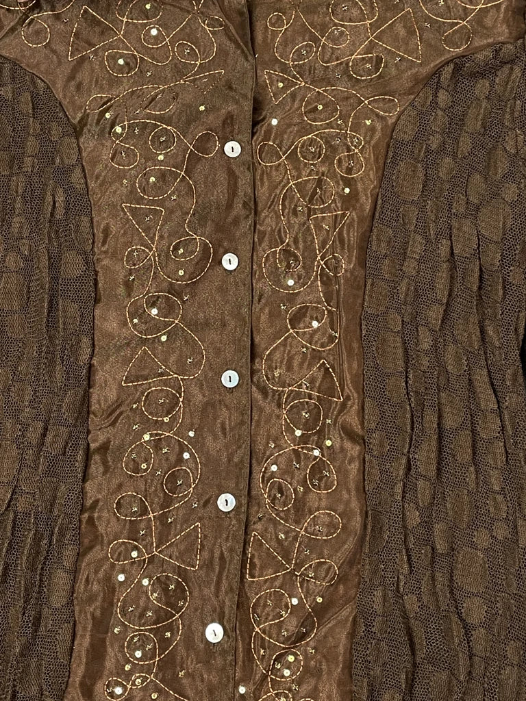 Retro Brown Satin Collar Embellished Button-Up (S)