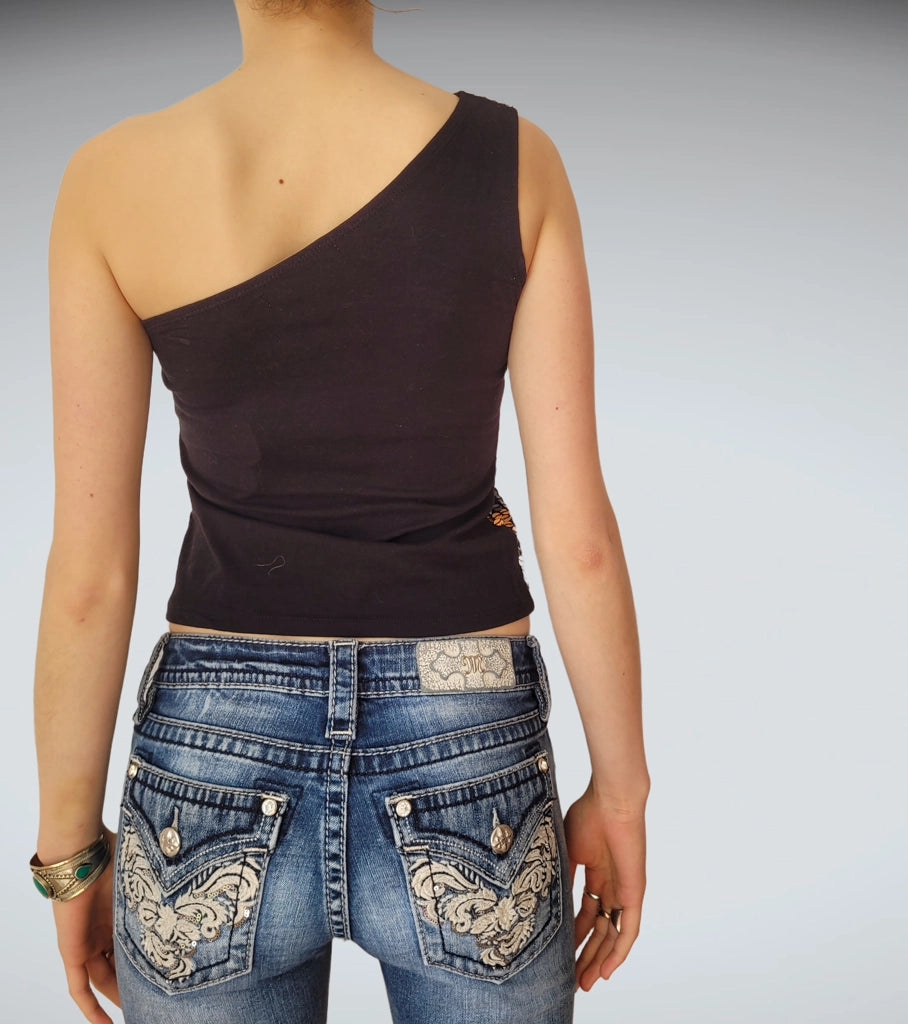 Striking One-Shoulder Sequin Top Black Gold Bronze Stripes (S)