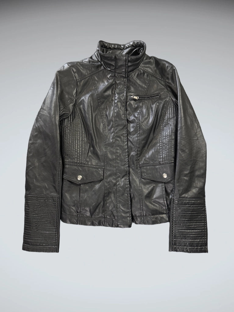 Vintage Black Genuine Leather Pocket Jacket Women (M)