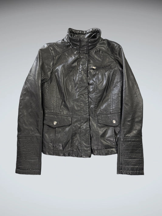 Vintage Black Genuine Leather Pocket Jacket Women (M)