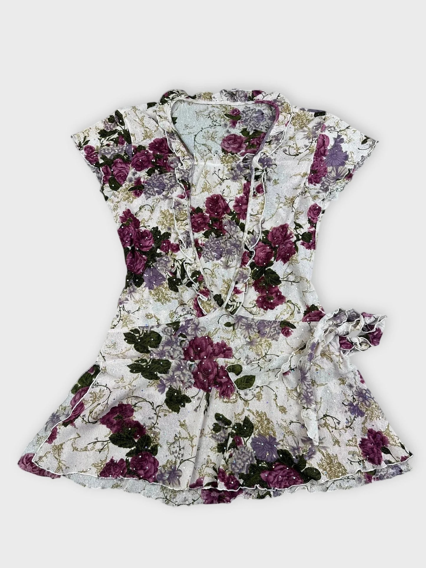 Floral frill mesh top in purple and pink floral pattern front view.