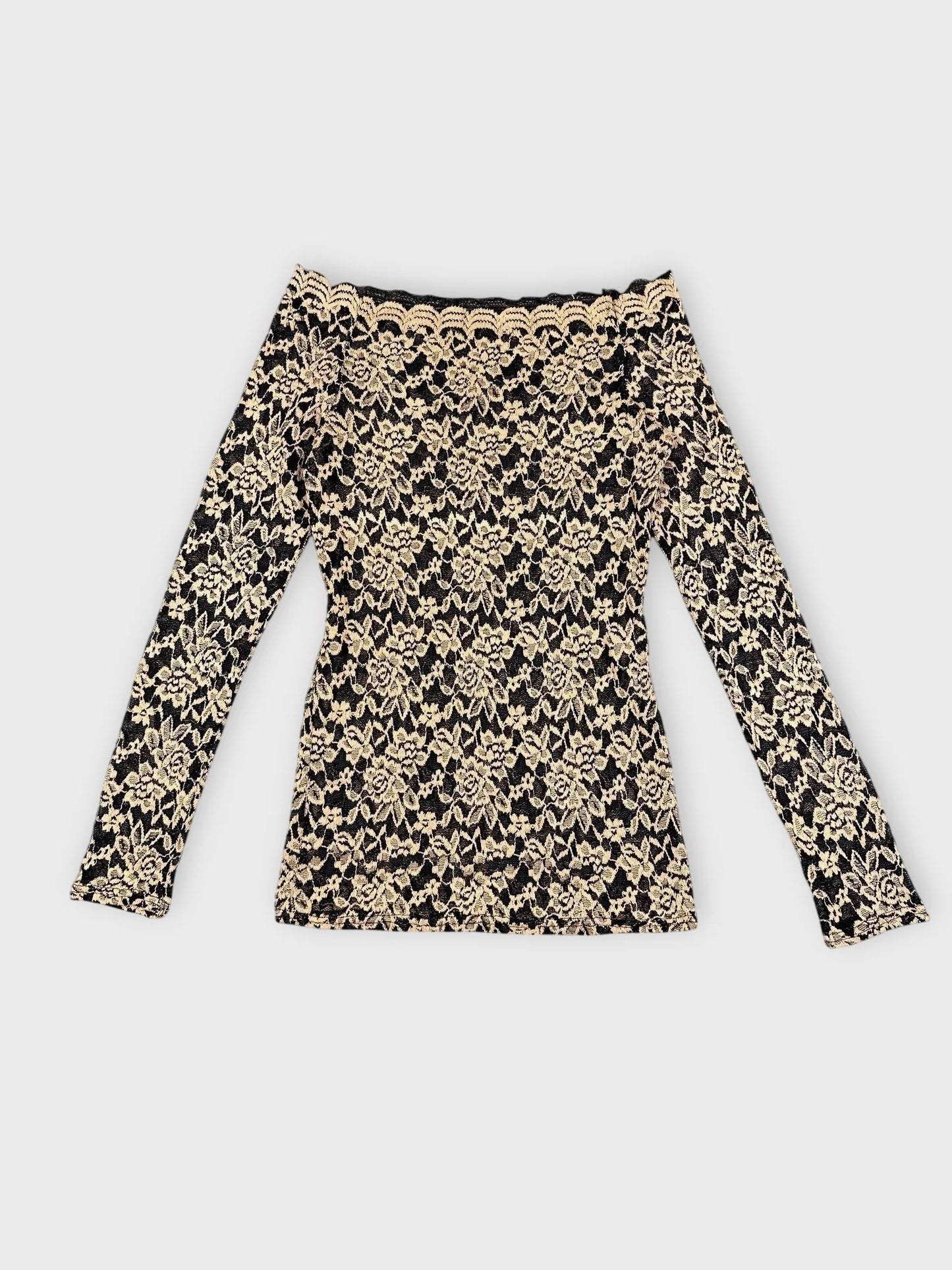Floral lace Bardot top in black and beige detail view