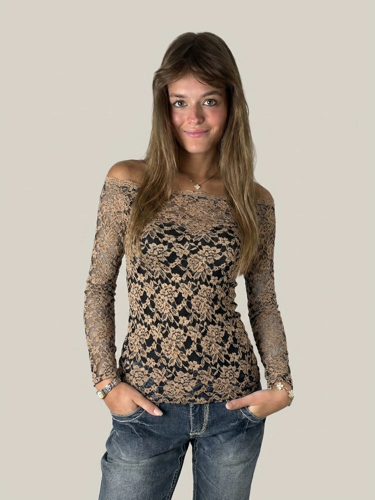 Black & Beige Floral Lace Top for Nights Out (XS)