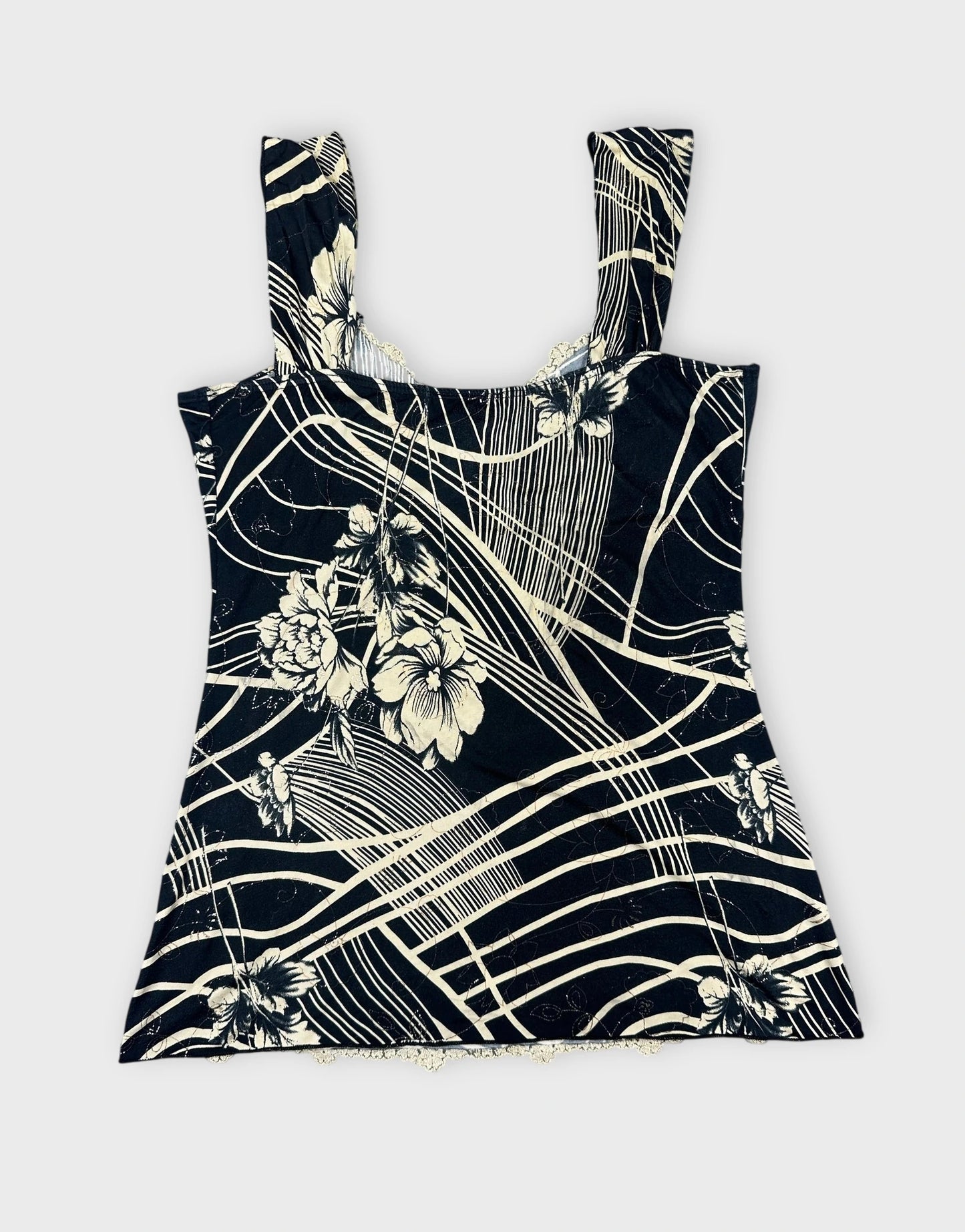 Black floral lace trim tank top back view with wide straps and floral pattern.