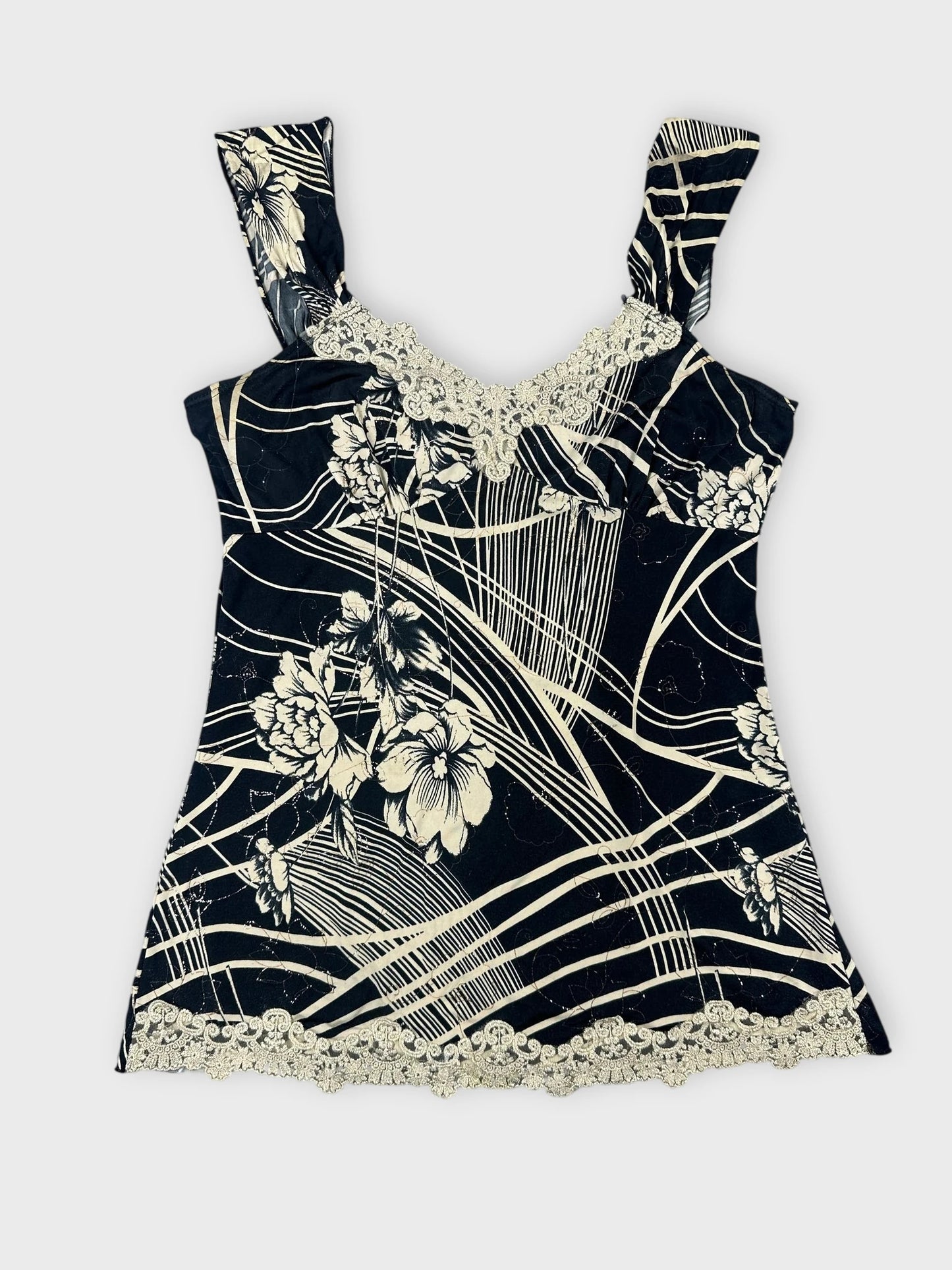 Floral lace trim tank top in black with floral print front view