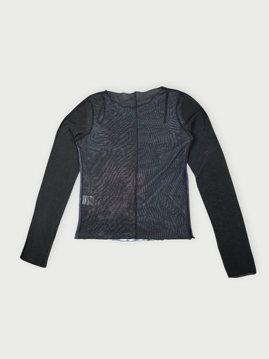 Back view of a black floral layered top with long sleeves.