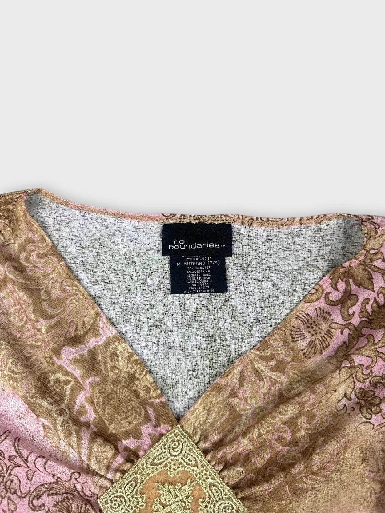 Floral long sleeve top in pink and brown detail view with lace trim
