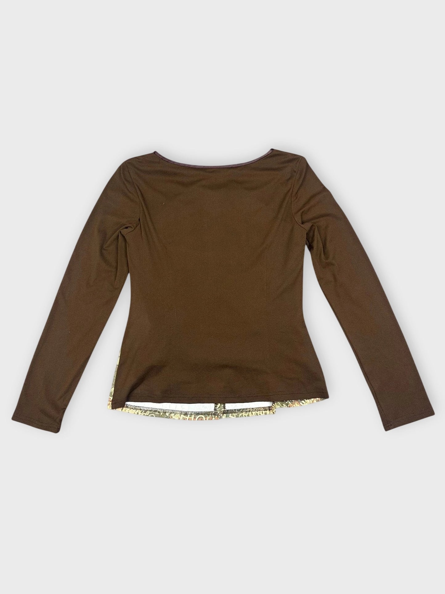 Back view of a grunge longsleeve top in deep brown with textured trim.