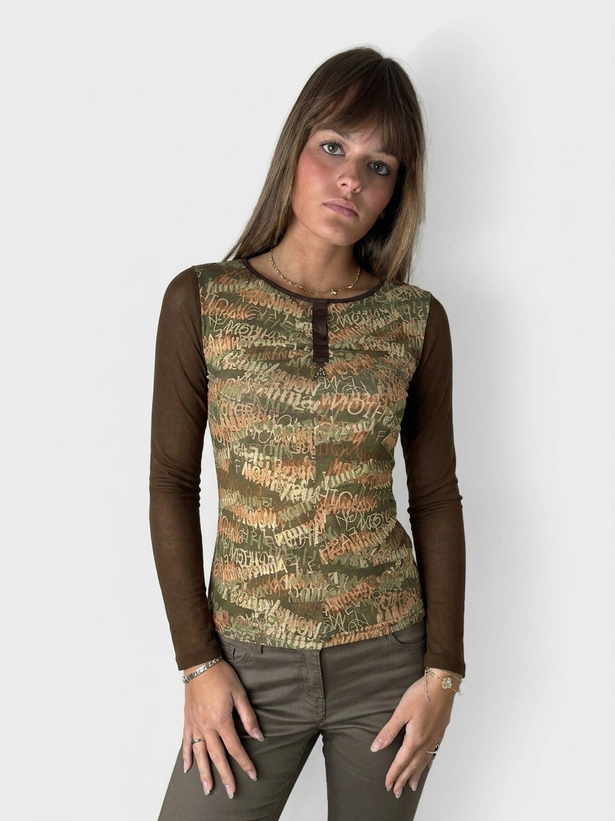 Grunge longsleeve top in olive green with text print, front view.