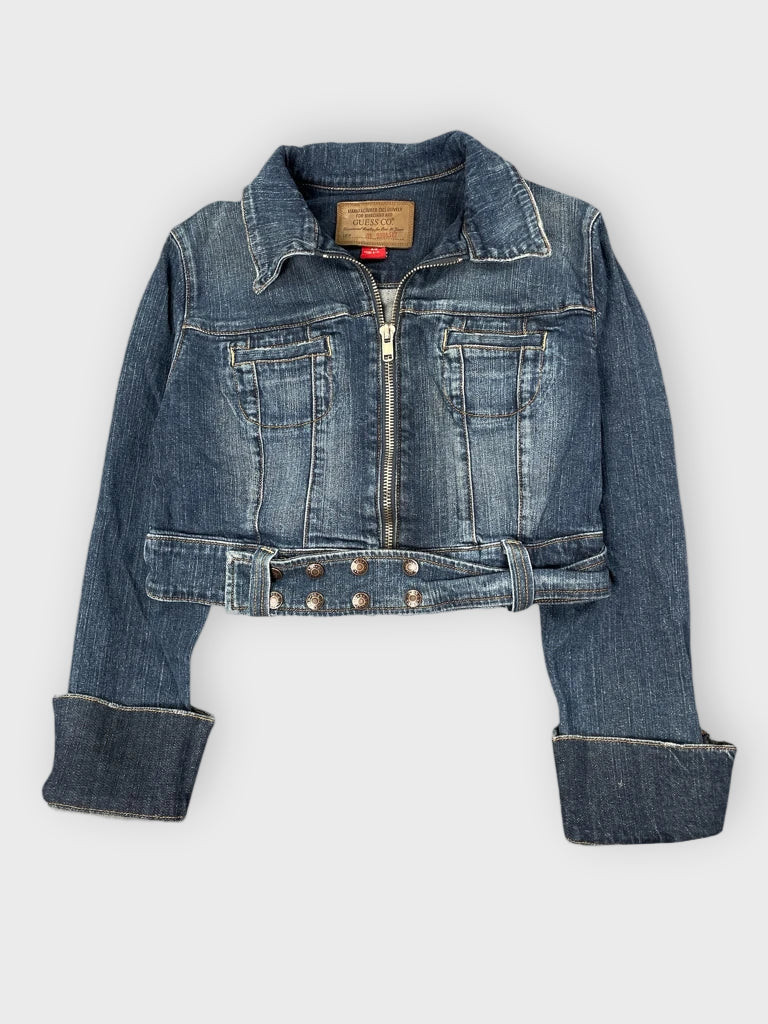 detail view, Guess Cropped Zip-Up Denim Jacket, vintage Y2K second hand piece