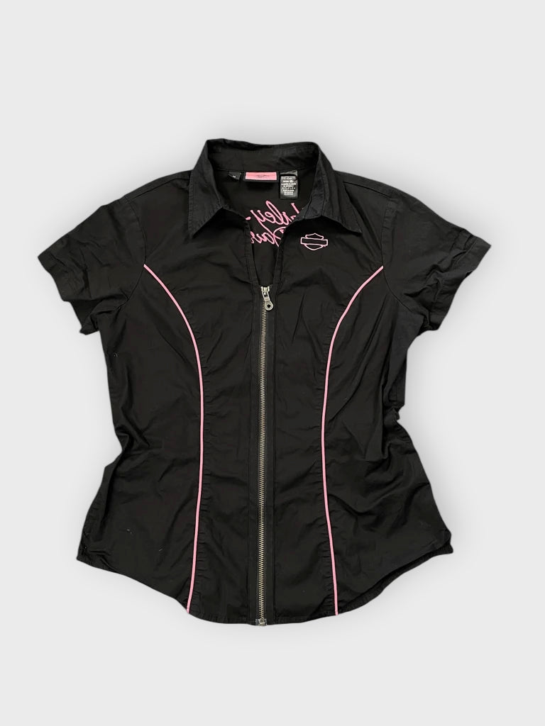 detail view, Harley-Davidson Harley Davidson Black Pink Fitted Biker Shirt, vintage Y2K second hand piece, image 5